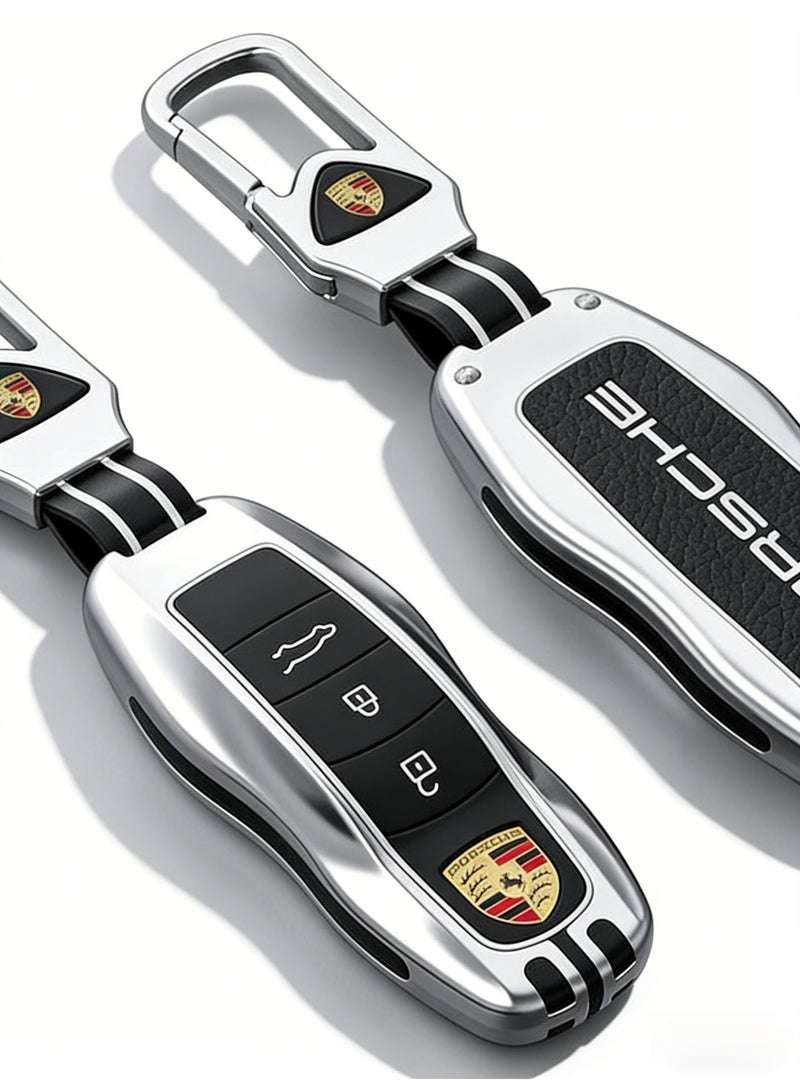 Porsche Silver & Black Premium Key Fob Case with Leather Strap & Logo Keychain – Compatible with Porsche Cayenne, Panamera, 911, 718 Models (please purchase according to your own key style) - Image 5
